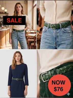 Archival GAP Green Braided Leather Belt Silver Toned Solid Brass 90s Heritage M